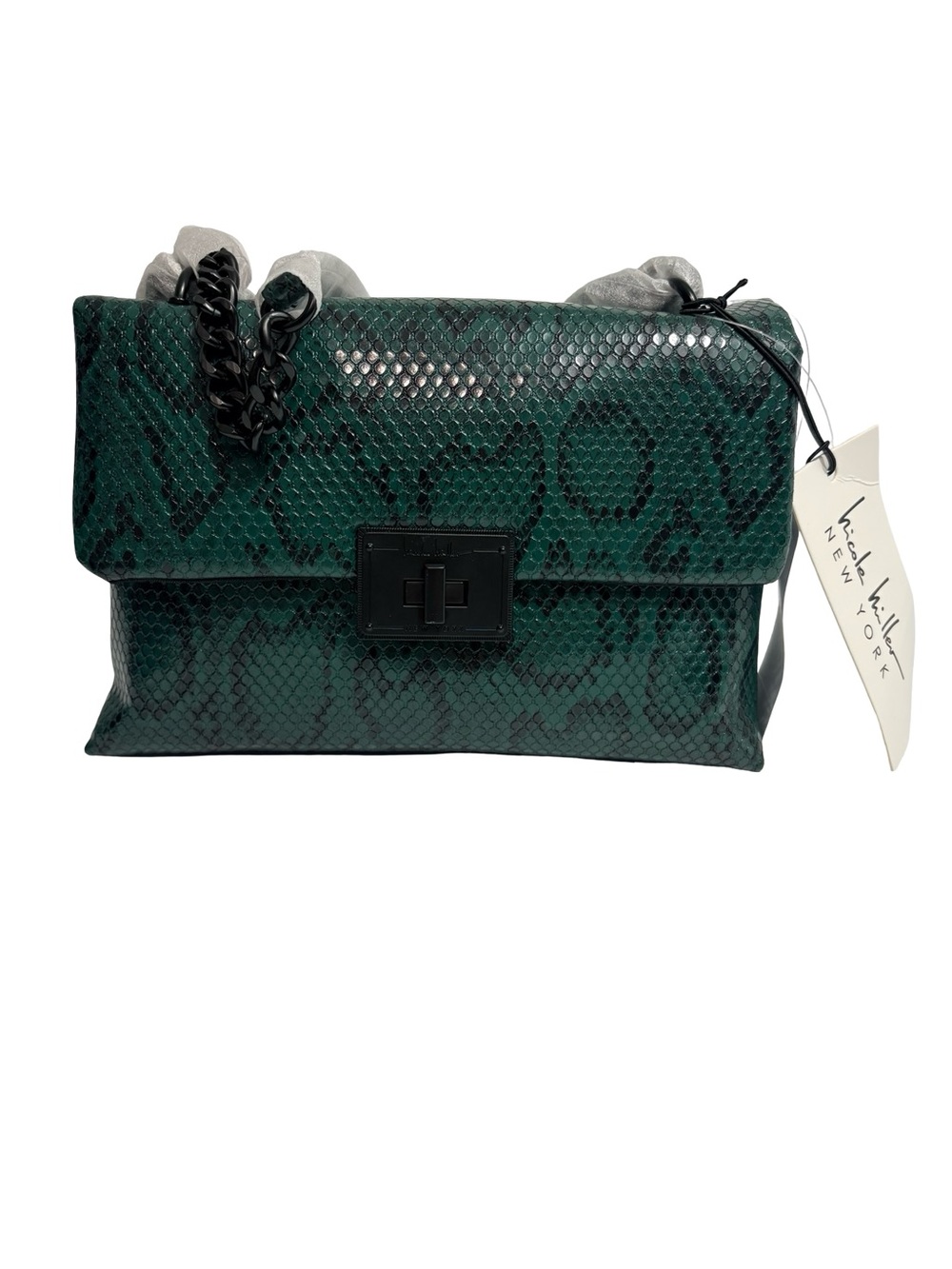 Nicole Miller NY Snake Embossed Green Shoulder Bag Chain Strap NWT Statement Bag
